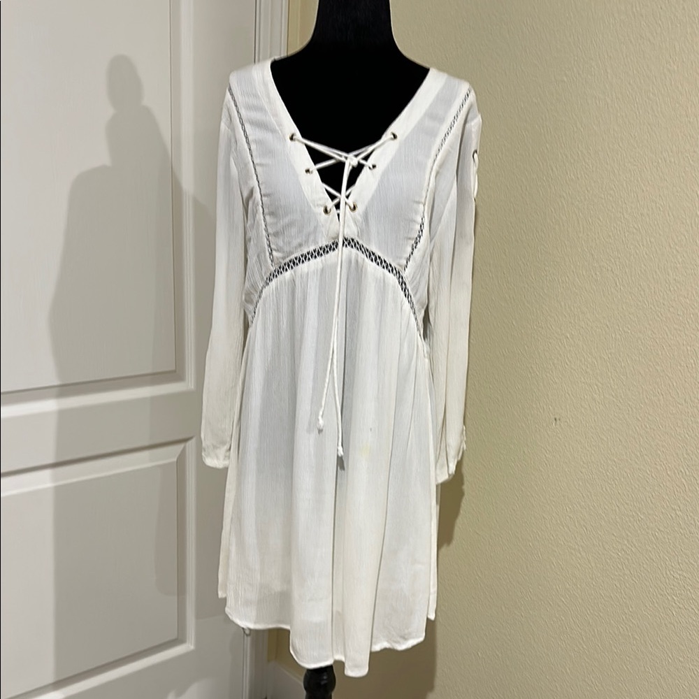Off White Lace-Up Dress. Boho. Hippie. 70’s. TRUE DESTINY. X-large